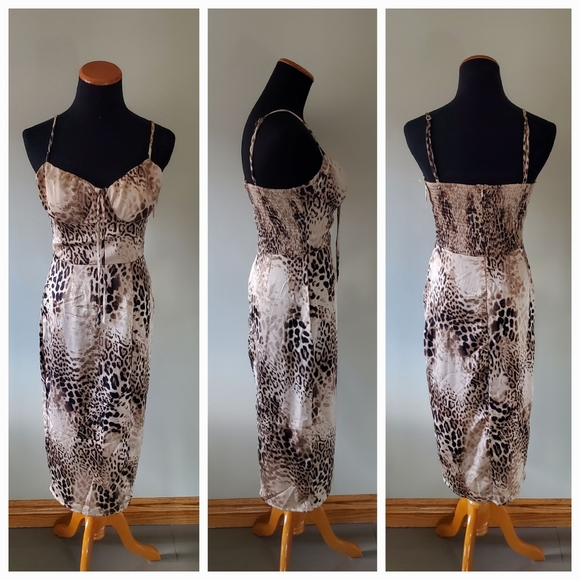 Fashion Nova S Wild Emotions Leopard Print Satin Cocktail Party Club Midi Dress - Picture 3 of 10